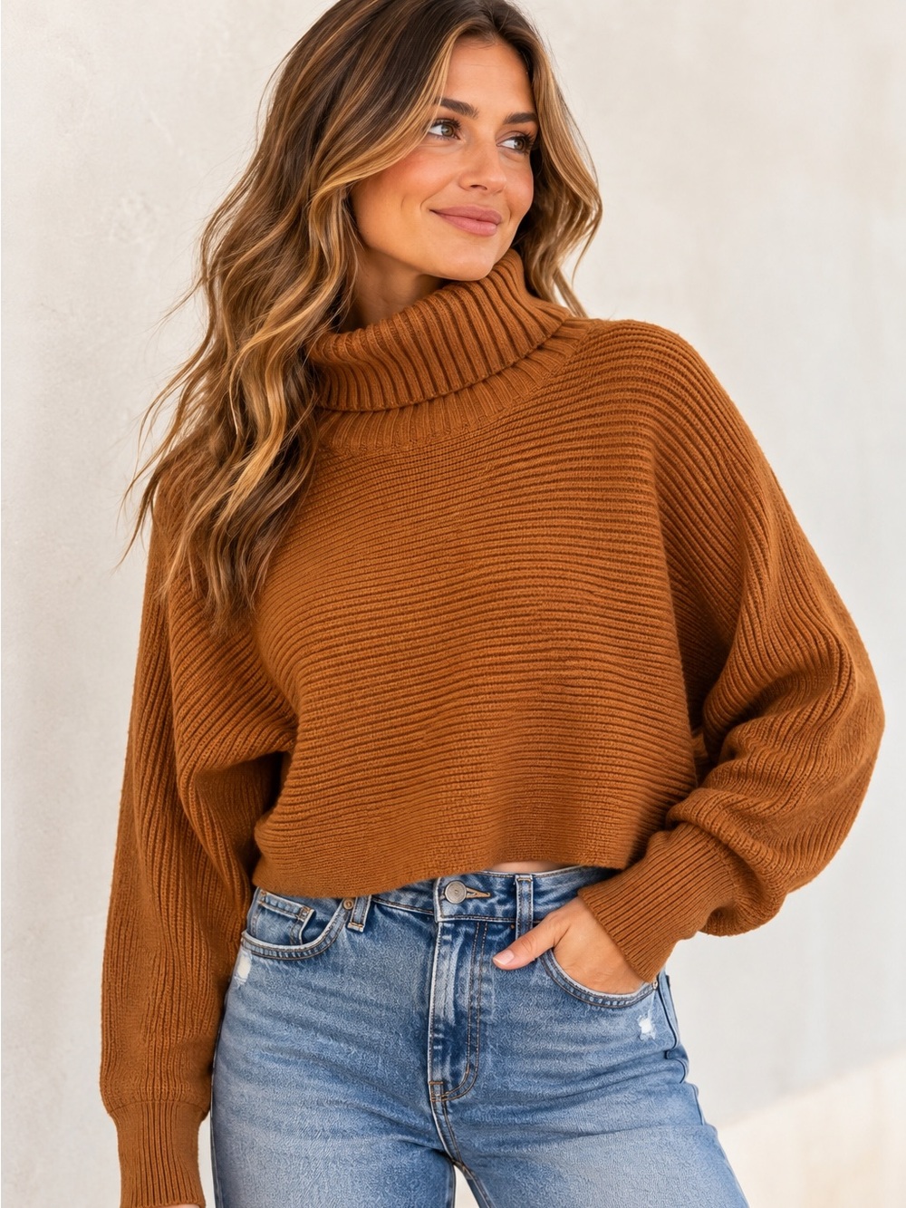 House of Harlow 1960 Brown Cropped Turtleneck Ribbed Knit Sweater Small
